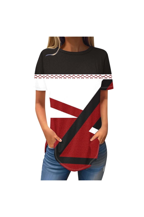 Womens Summer Short Sleeve Shirts Crewneck Curve Hem Color Block Tee Casual Tunic Blouses Tops (2XL, Red)