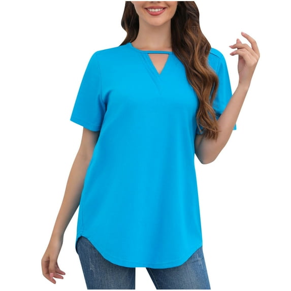 Jewelreauty Womens Summer Short Sleeve Shirts V Neck Keyhole Loose Fit T-Shirts Casual Pullover Solid Blouses (L, Sky Blue)