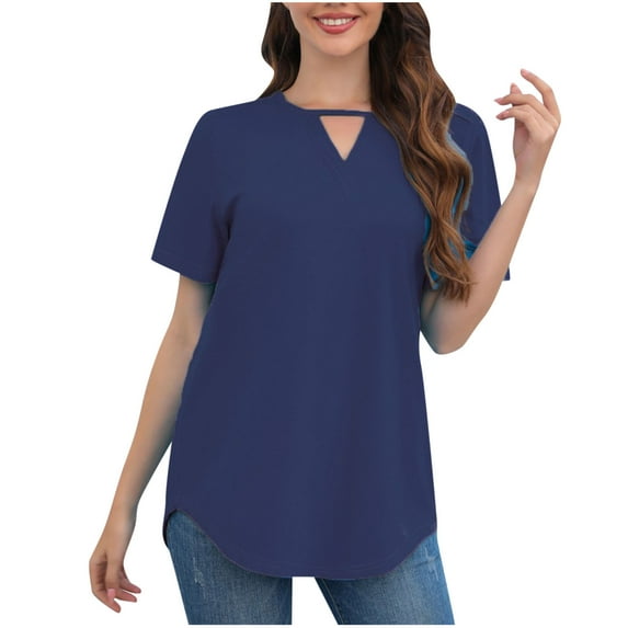 Jewelreauty Womens Summer Short Sleeve Shirts V Neck Keyhole Loose Fit T-Shirts Casual Pullover Solid Blouses (S, Navy)