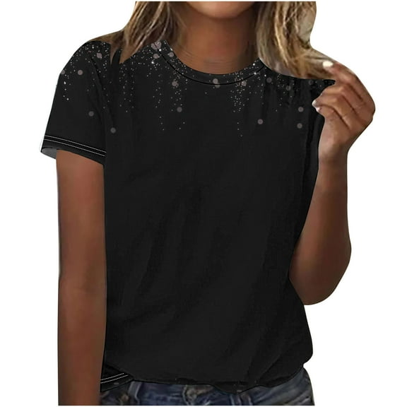 Jewelreauty Womens Summer Tops Casual Short Sleeve Crewneck Print T-Shirts Loose Tunic Tee Blouses 2025 (XL, Black)