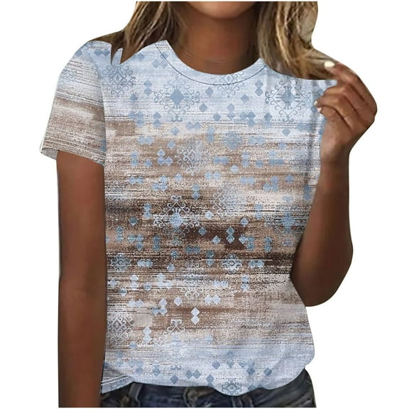 Jewelreauty Womens Summer Tops Casual Short Sleeve Crewneck Print T-Shirts Loose Tunic Tee Blouses 2025 (XL, Light Blue)