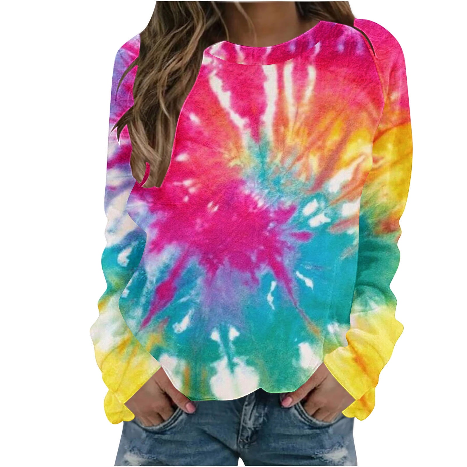Girls Long Sleeve Shirts Casual Soft Solid Color Tie Dye Round Neck Tunic Blouse For Teen Girls