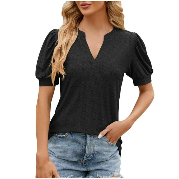 Jewelreauty Womens V Neck Summer Shirts Puff Short Sleeve Casual Pullover Blouses Hollow Out Cozy Tops Tees (XL, Black)