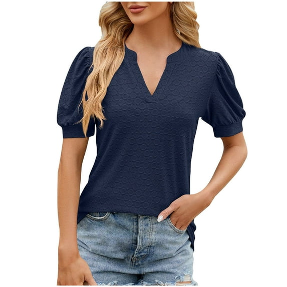 Jewelreauty Womens V Neck Summer Shirts Puff Short Sleeve Casual Pullover Blouses Hollow Out Cozy Tops Tees (XL, Navy)