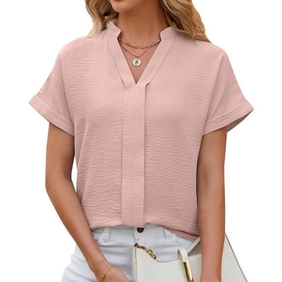 Jewelreauty Womens V Neck Summer Shirts Roll Short Sleeve Casual Loose Blouses Solid Color Tunic Tops Tees (S, Pink)