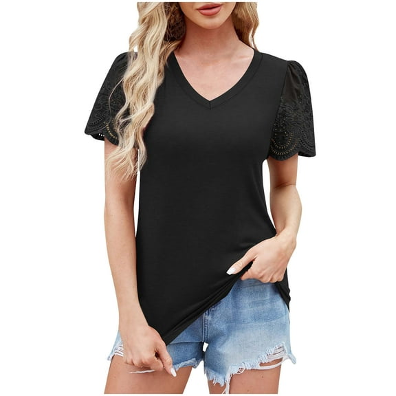 Jewelreauty Womens V Neck Tunic Tops Casual Lace Short Sleeve Loose Fit Blouses Summer Solid Color Shirts (2XL, Black)