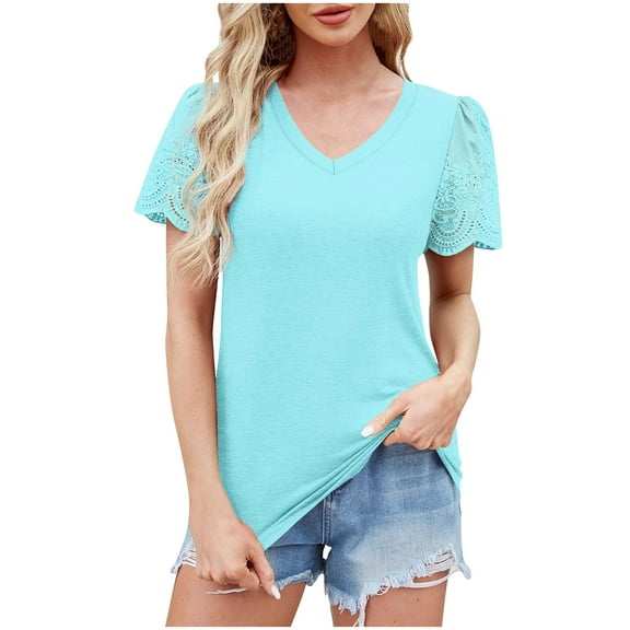 Jewelreauty Womens V Neck Tunic Tops Casual Lace Short Sleeve Loose Fit Blouses Summer Solid Color Shirts (S, Light Blue)