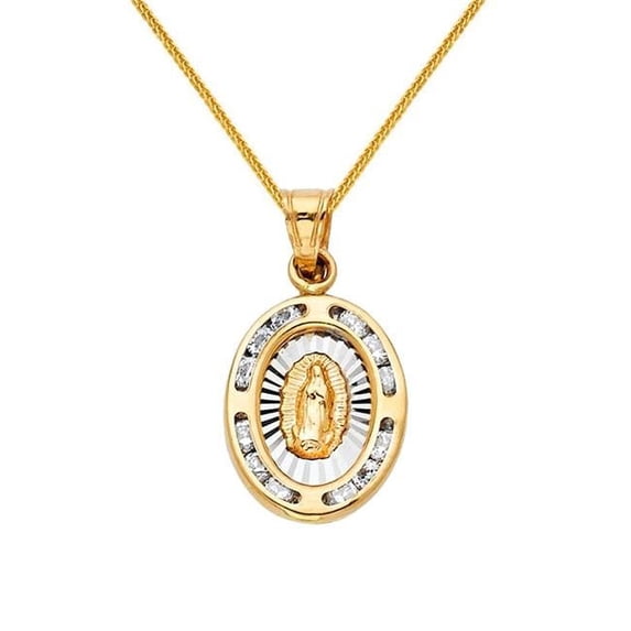 Jewelry 14k Two-tone Gold Cubic Zirconia Guadalupe Medallion Pendant with 0.8-mm Square Wheat Chain