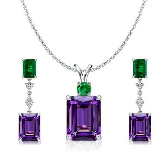 Jewelry 5.80 CT. TW. Emerald Cut Amethyst Necklace & Drop Earrings Set