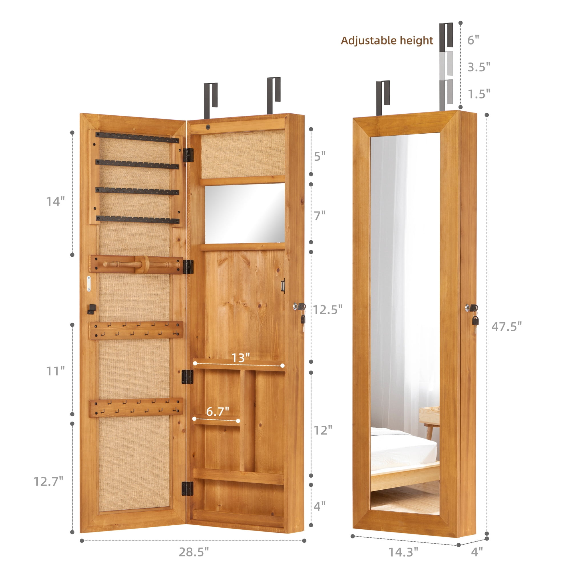 Jewelry Armoire 47.5 Inch, Wall Mounted Organizer with Full-Length Mirror and LED Light, Jewelry Storage Cabinet for Bedroom and Dressing Room, Light Brown