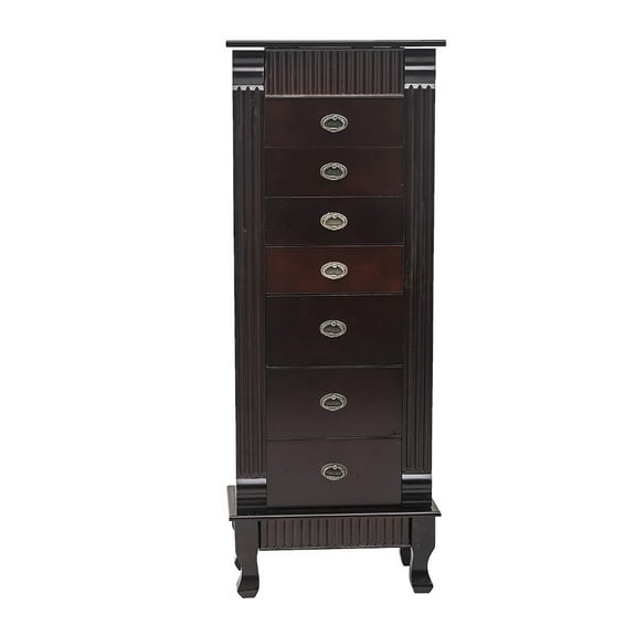 Jewelry Armoire Cabinet, Large Standing Jewelry Storage Chest with Makeup Mirror and Top Divided Storage Organizer, Wooden Storage Cabinet with 7 Drawers, 2 Swing Doors, 16 Necklace Hooks, Brown