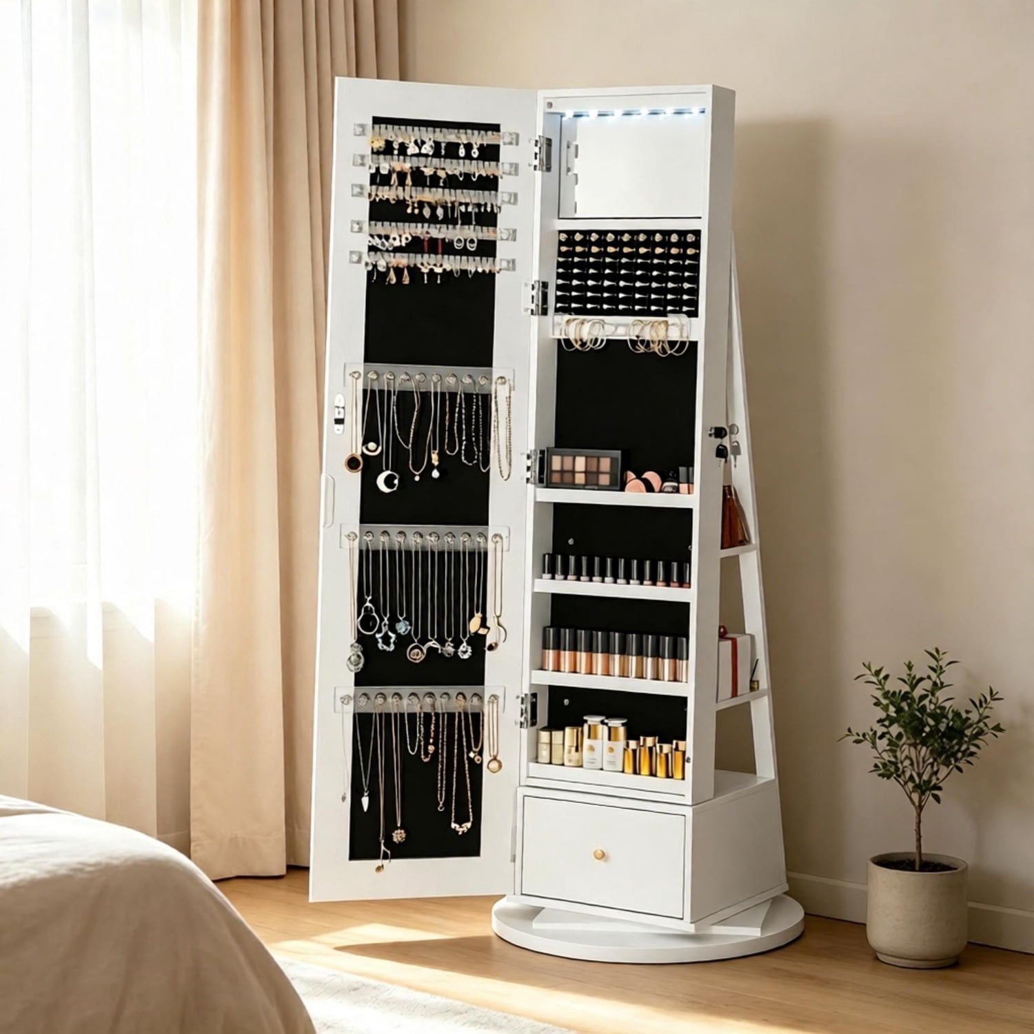 Jewelry Armoire with Frameless Full-Length Mirror, 360° Swivel Jewelry Cabinet Organizer Standing with 3 Back Shelves, 6 LEDs, Storage Lockable for Women Gift, White