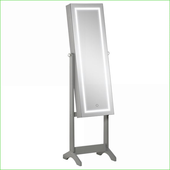 Jewelry Armoire Freestanding with LED Lights, Lockable Mirror & 4 Adjustable Angles, Grey | MDF+glass