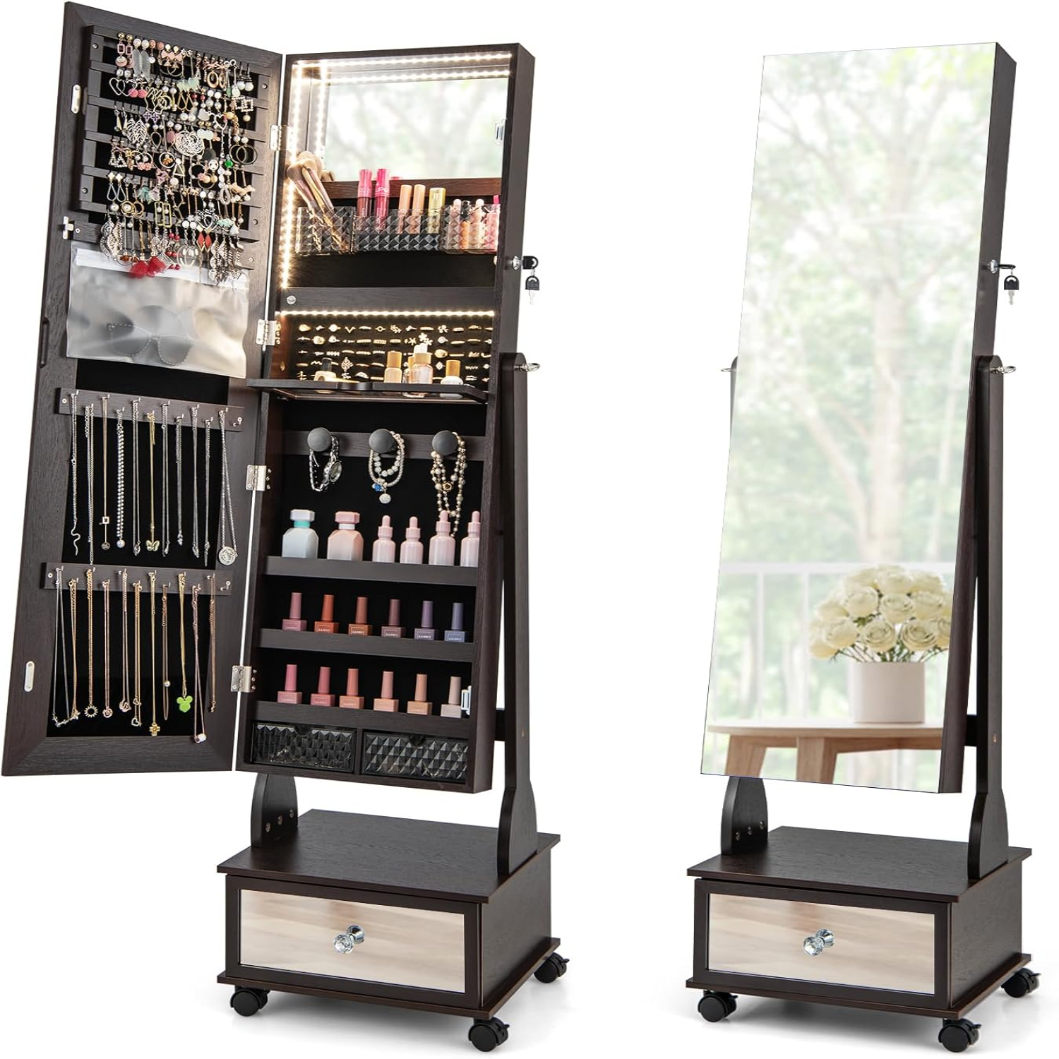 Jewelry Armoire with Full Length Mirror 3Color LED Lights Lockable