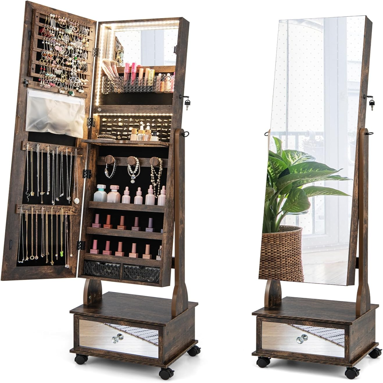 Jewelry Armoire with Full Length Mirror 3Color LED Lights Lockable