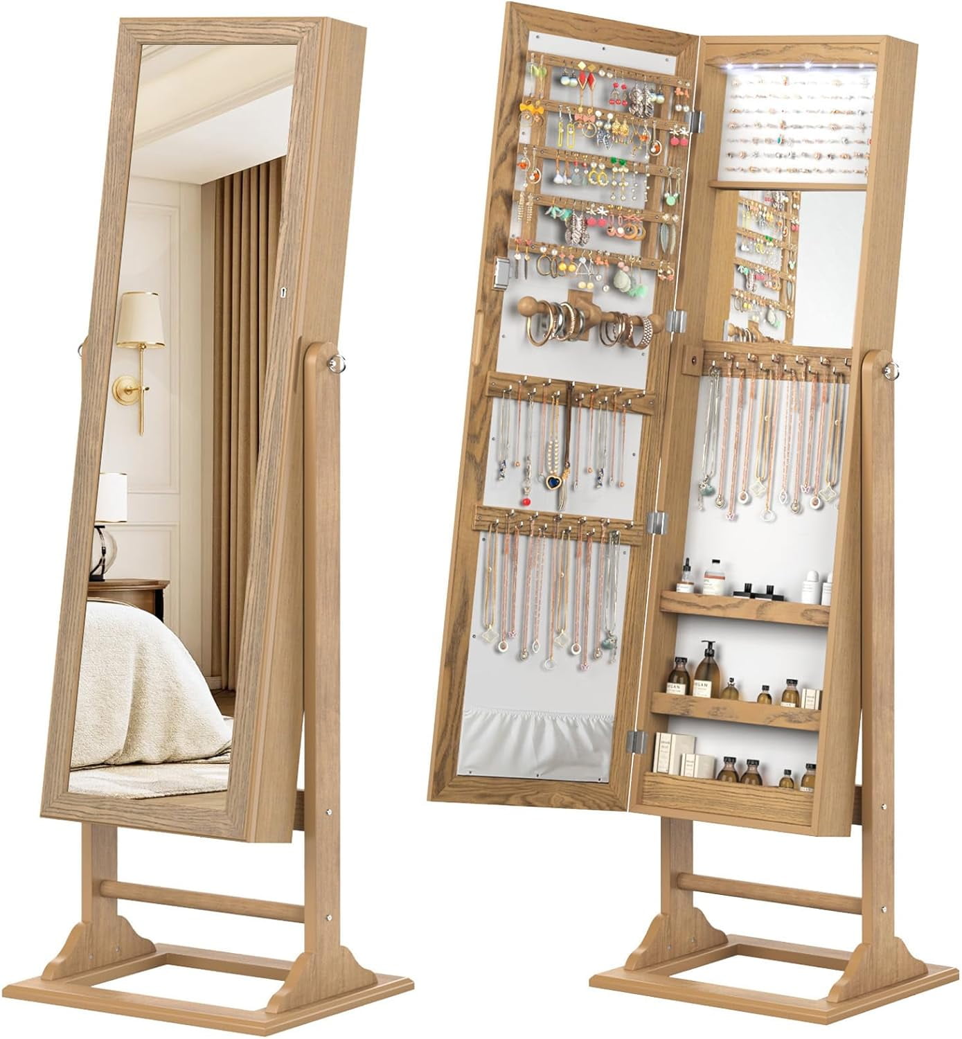 Jewelry Armoire with Full Length Mirror, Lockable Jewelry Cabinet with