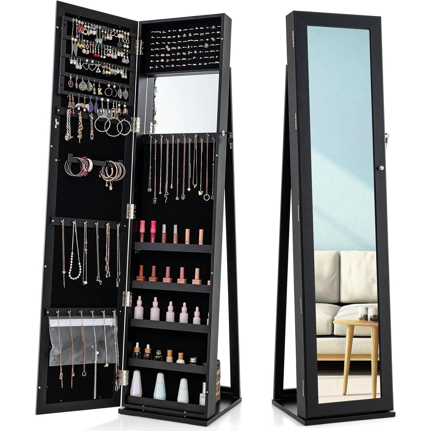 Jewelry Armoire with Full Length Mirror, Lockable Standing Jewelry