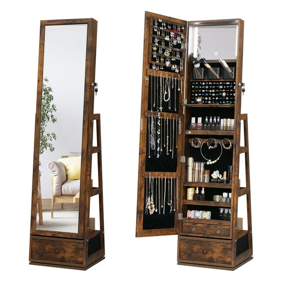 Jewelry Armoire with Full Length Mirror Swivel Jewelry Cabinet with Lights,Touch Screen Vanity Mirror Standing Mirror and Organized Storage Rustic Brown