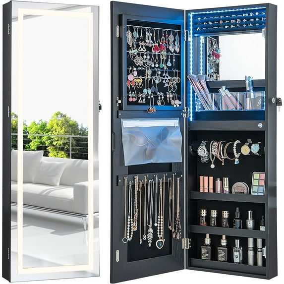Jewelry Armoire with LED Light Strip, Full Length Mirror with Storage, Lockable Jewelry Cabinet with Inside Makeup Mirror, Wall Mounted/Over the Door Hanging Jewelry Organizer (Black)