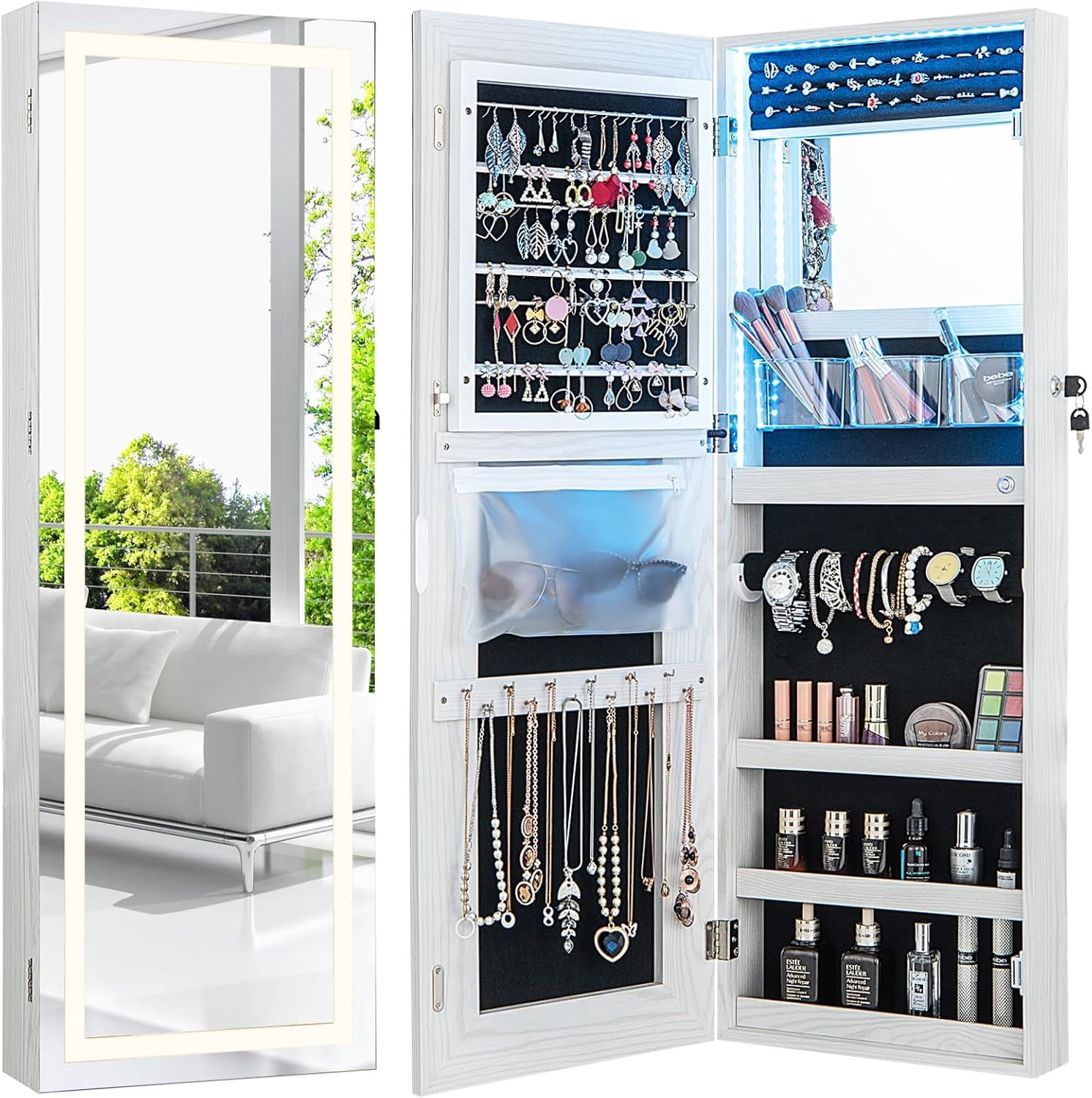 Jewelry Armoire with LED Light Strip, Full Length Mirror with Storage