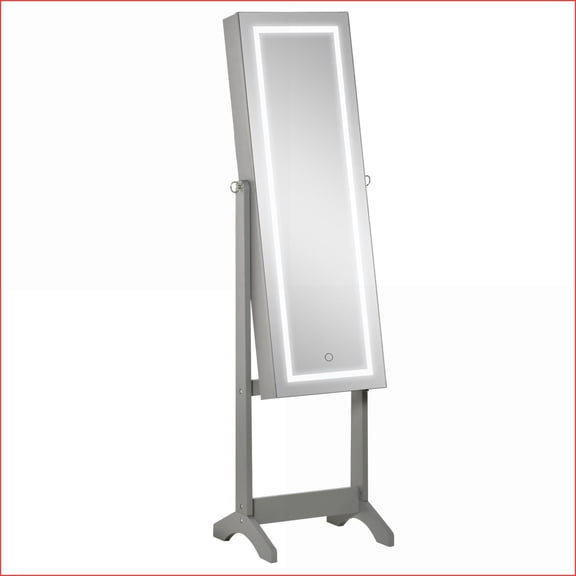 Jewelry Armoire, Lockable Floor Standing Cabinet with LED Lights, Full-Length Mirror & 4 Adjustable Angles | Grey | MDF+Glass