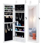 Jewelry Armoire, Mirror Jewelry Cabinet Full Screen Display jewelry Armoire Organizer, 43.5"H Lockable Wall/Door Mounted Makeup Box with Drawer, White