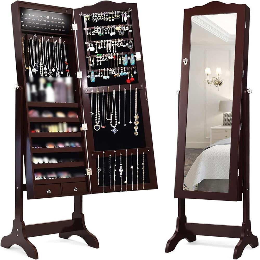 SogesPower Lockable Jewelry Armoire - Free Standing Wooden Organizer With Mirror