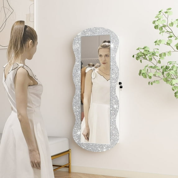 Whitebeach Jewelry Armoire Organizer with Wavy Mirror, LED Lights, and Large Storage, Christmas gift