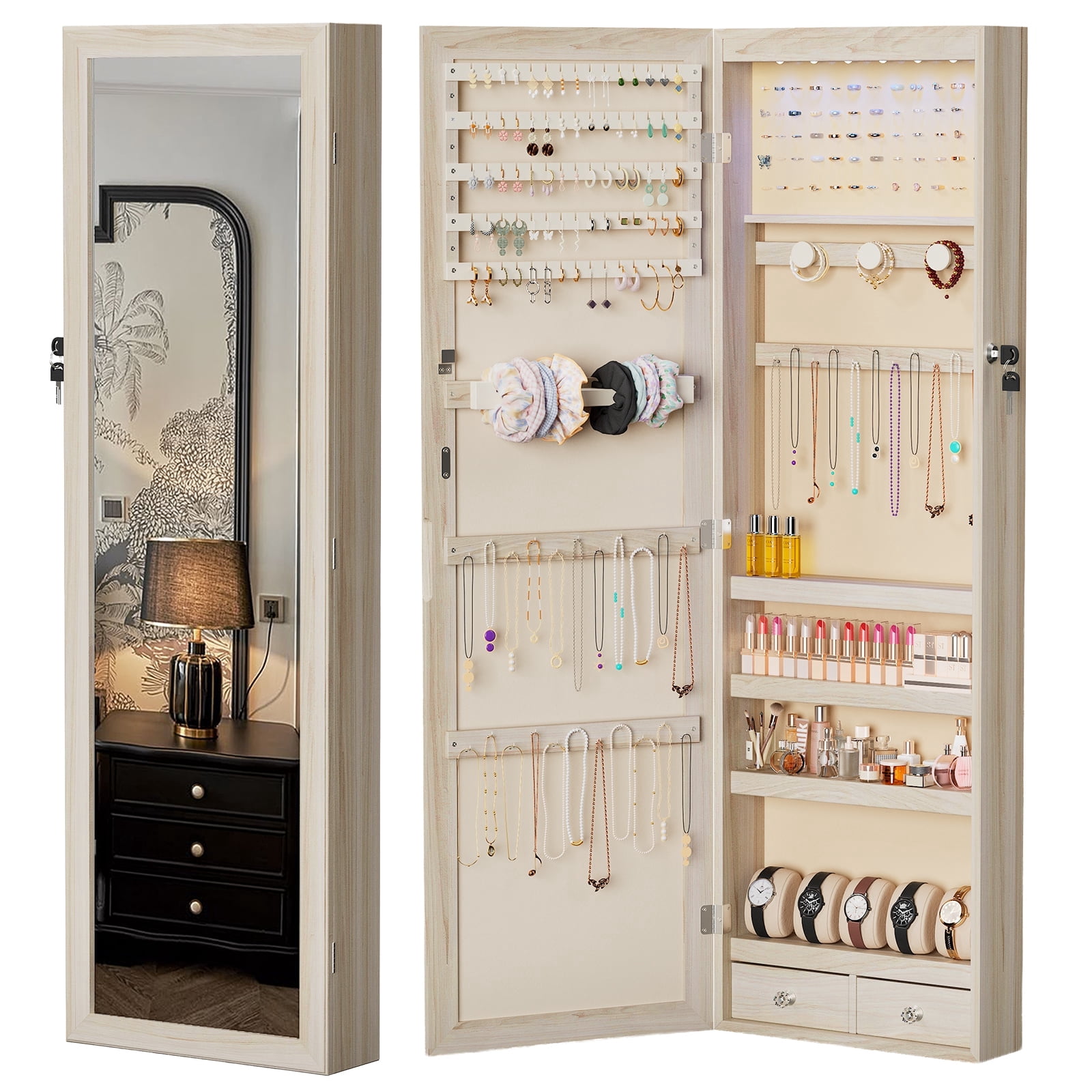 Jewelry Armoire with 6 LEDs Mirror, Mirror with Storage, Lockable Jewelry Storage for Wall or Door Mounted, khaki