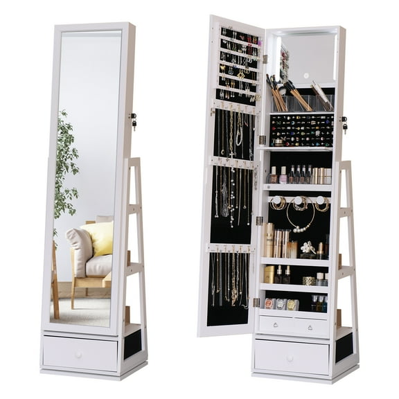 Jewelry Armoire with Full Length Mirror Swivel Jewelry Cabinet with Lights,Touch Screen Vanity Mirror Standing Mirror and Organized Storage White