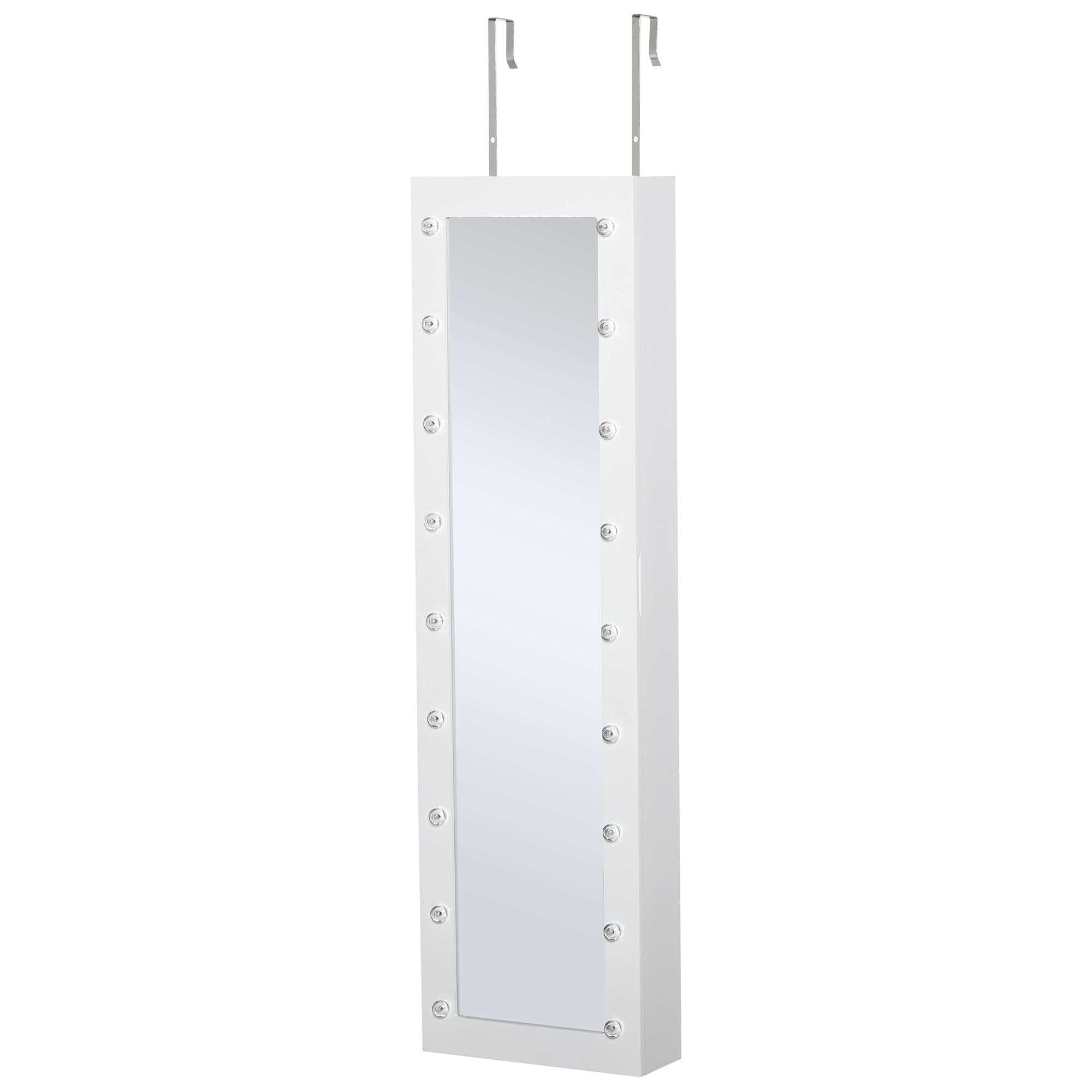 YOYO Jewelry Armoire with Mirror and 18 LED Lights, Wall-Mounted/Over-The-Door Cabinet with 3 Mountable Heights, White