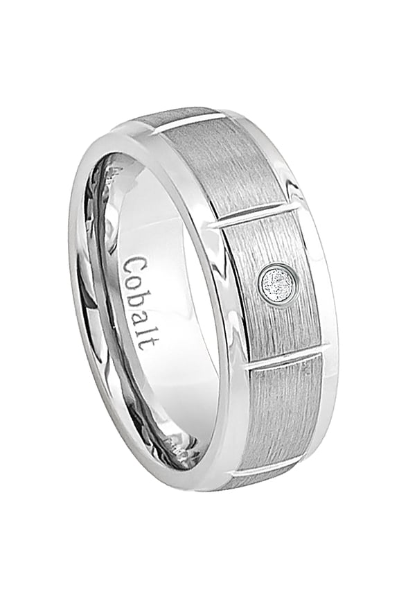 0.05ctw Diamond Cobalt Ring - 8mm Brushed Multi-Grooved Comfort Fit Cobalt Chrome Wedding Band - #300s11