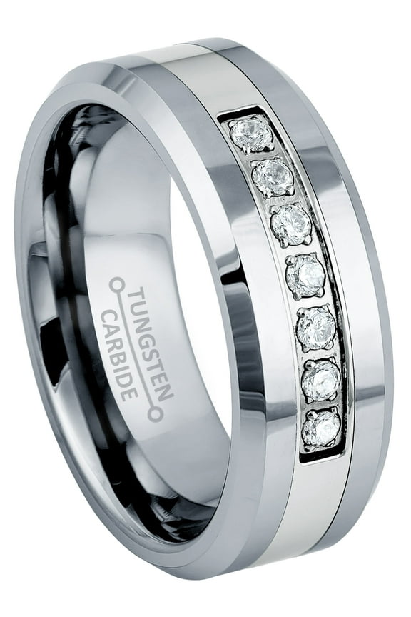 Tungsten Carbide 7-CZ Mens Wedding Band, Comfort-fit, Low-Beveled, 8MM
