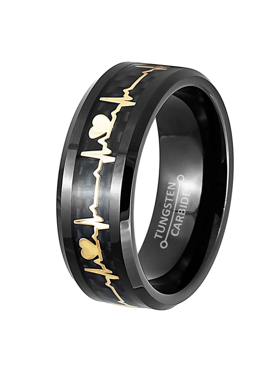 Black Tungsten Carbide Ring, EKG Heartbeat Inlay Mens Comfort Fit Band 8MM