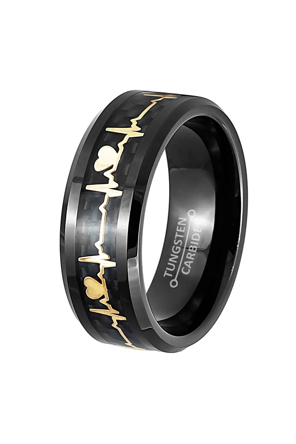 Black Tungsten Carbide Ring, EKG Heartbeat Inlay Mens Comfort Fit Band 8MM