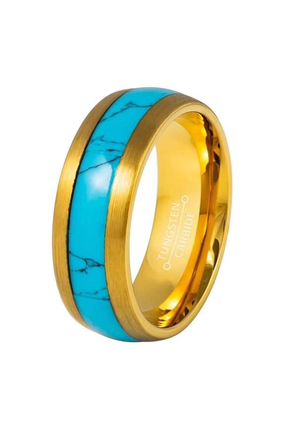 Blue Turquoise Inlay Mens Wedding Band, Gold Tungsten Carbide, Engagement Ring 8MM