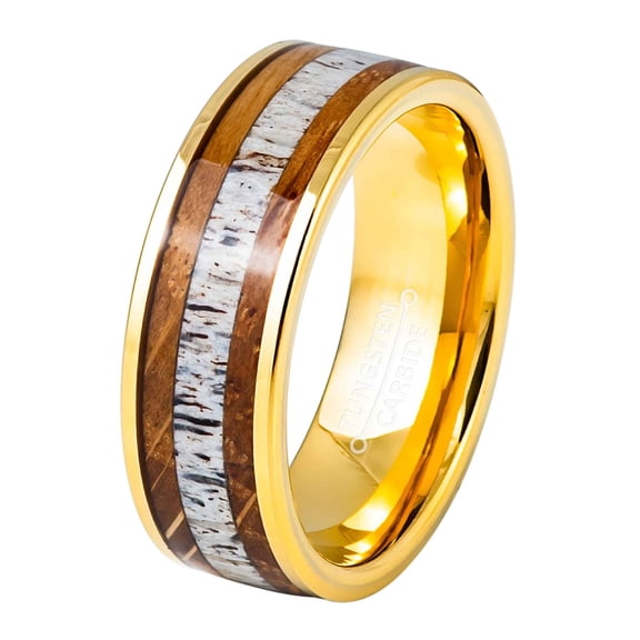 Jewelry Avalanche Deer Antler Inlay Mens Wedding Band, Gold Tungsten Carbide, Engagement Ring 8MM