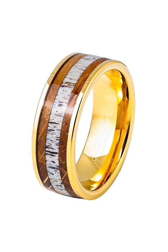 Deer Antler Inlay Mens Wedding Band, Gold Tungsten Carbide, Engagement Ring 8MM