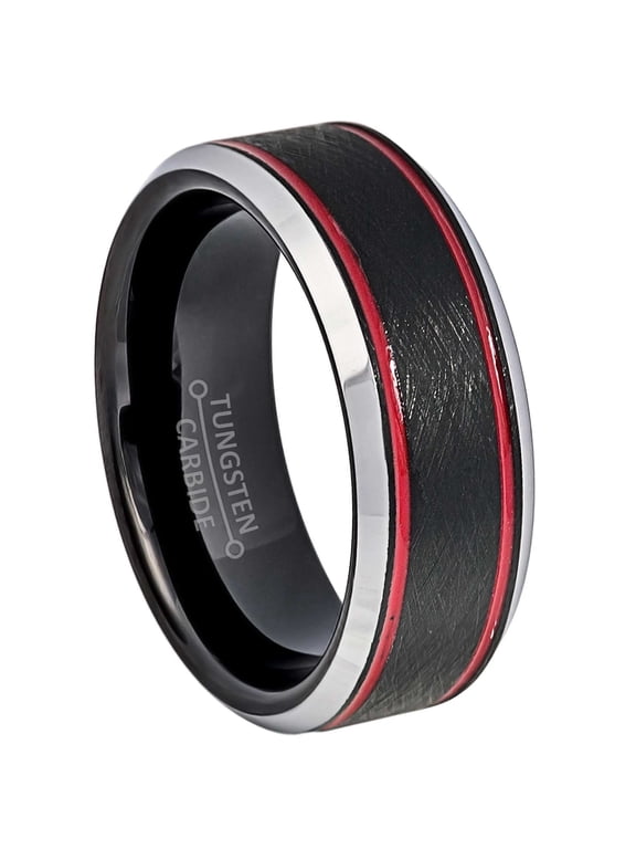 Double Red Grooved Accent Tungsten Wedding Band for Men, Firefigther Ring, 8MM, size 13