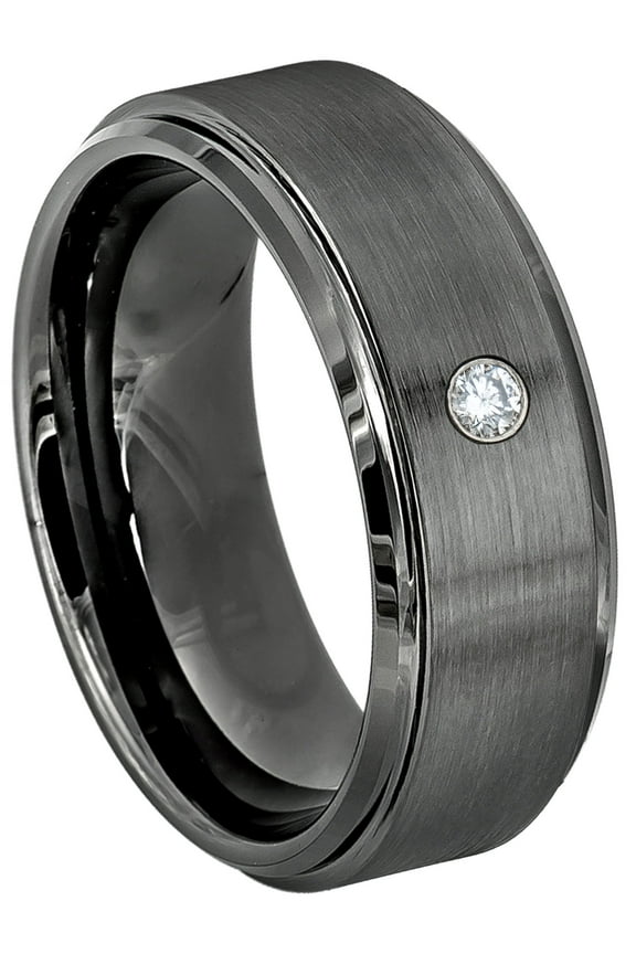 Mens Diamond Ring Brushed Comfort Fit Gunmetal Tungsten Carbide Wedding Band #541s10