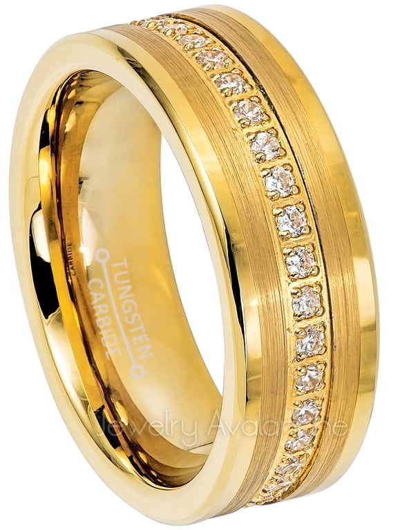 Mens Yellow Gold Plated Tungsten Eternity CZ Wedding Ring, Pipe Cut, 8mm Anniversary Band