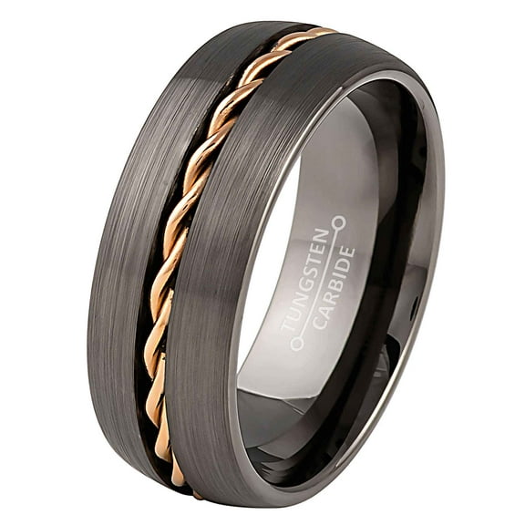 Jewelry Avalanche Rose Gold Rope Inlay Wedding Band, Gunmetal Tungsten Carbide, Dome, Dark Gray 8MM