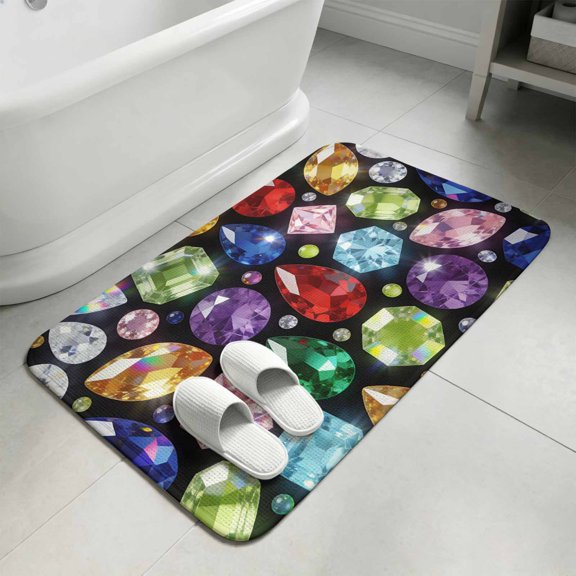 Jewelry Bathroom Rugs Non Slip Washable Bath Mat Absorbent Low Pile Front Door Mat Colorful Gemstone Classic Black Indoor Doormat for Kitchen Entryway Shower Decor Accessories 15.7"x23.6"