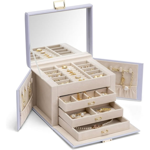 Jewelry Box 4-Tier,Jewelry Boxes & Organizers with Handle,3 Drawers Travel Jewelry Case with Mirror,Jewelry Storage,Earrings Necklace Rings Christmas Gift for Women Girl Purple
