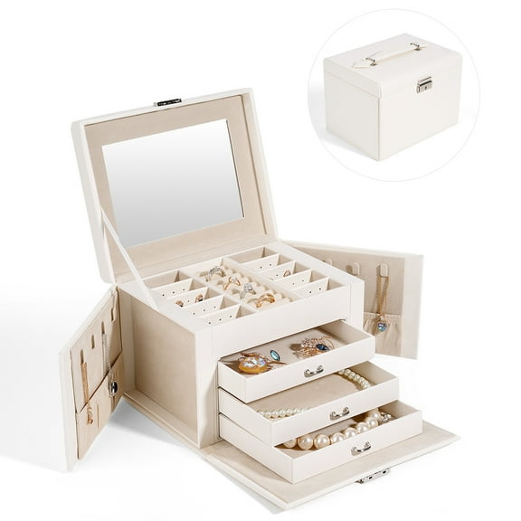 Jewelry Box 4-Tier,Jewelry Boxes & Organizers with Handle,3 Drawers Travel Jewelry Case with Mirror-White