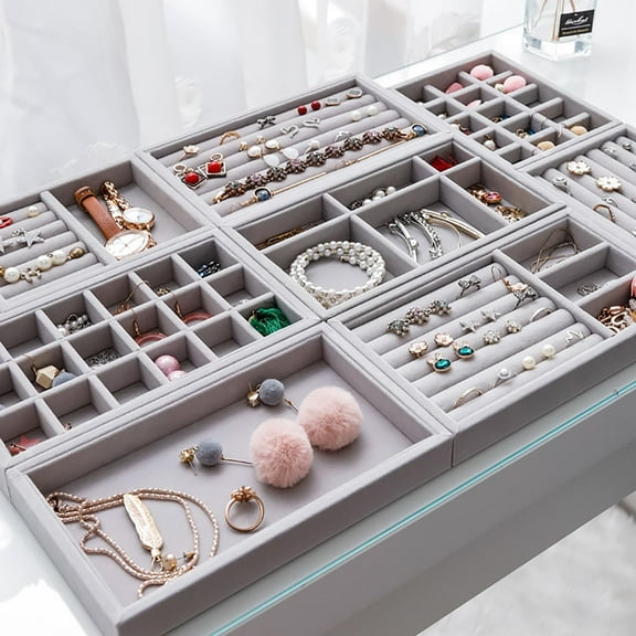 Jewelry Box under $5! Xqxayjr Velvet Jewelry Display Box, Desktop Organizer for Earrings Rings Bracelets, Multi Layer Makeup Storage Tray, Decorative Case for Accessories Collection