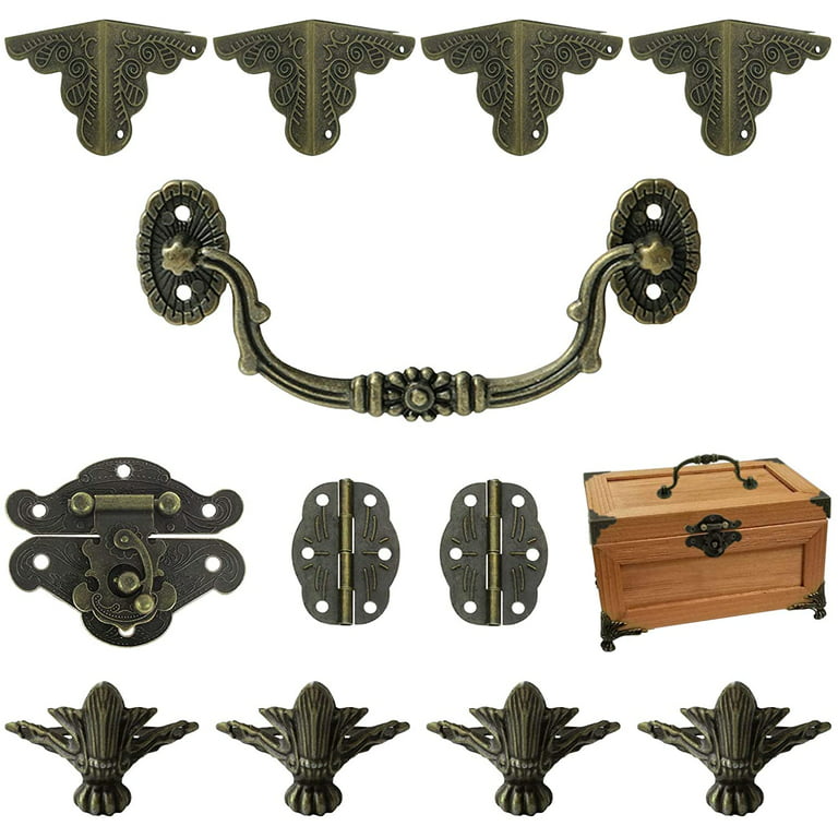 Jewelry Box Antique Lock Latch Hasp Hinges Handle Box Corner Protectors Kit for DIY Jewelry Box Bronze, Wood Case Jewelry Chest Storage Box Feet Leg