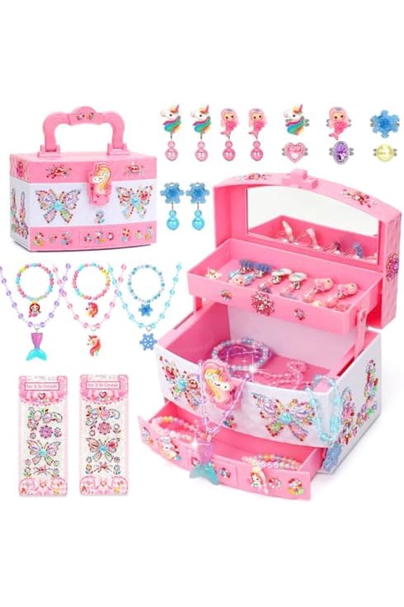 Jewelry Box for Girls, Unicorn Toys for Girls Age 4-6 Kids Jewelry Box, Toddler Girl Jewelry Set with Princess Necklaces/Bracelets/Earrings/Rings, Funny Christmas Birthday Gifts for 3-6 Year Old Girl