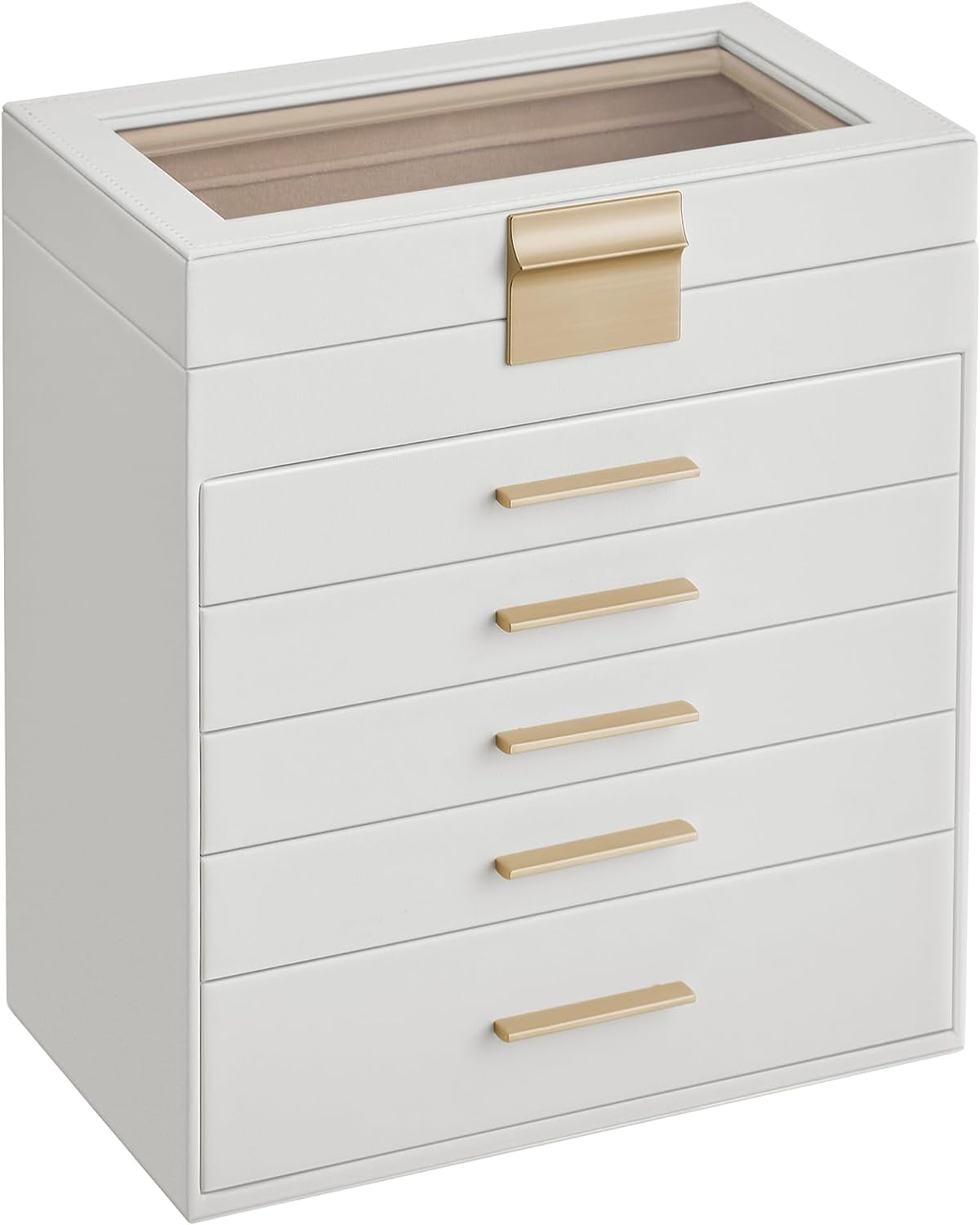 Cloud White 6-Layer Jewelry Box with Glass Lid and Velvet Lining