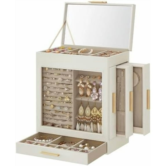 Jewelry Box with Glass Window, 5-Layer Jewelry Organizer with 3 Side Drawers, Jewelry Storage, with Big Mirror, Modern, 6.1 x 10.3 x 12.6 Inches, Cloud White and Metallic Gold UJBC162W01